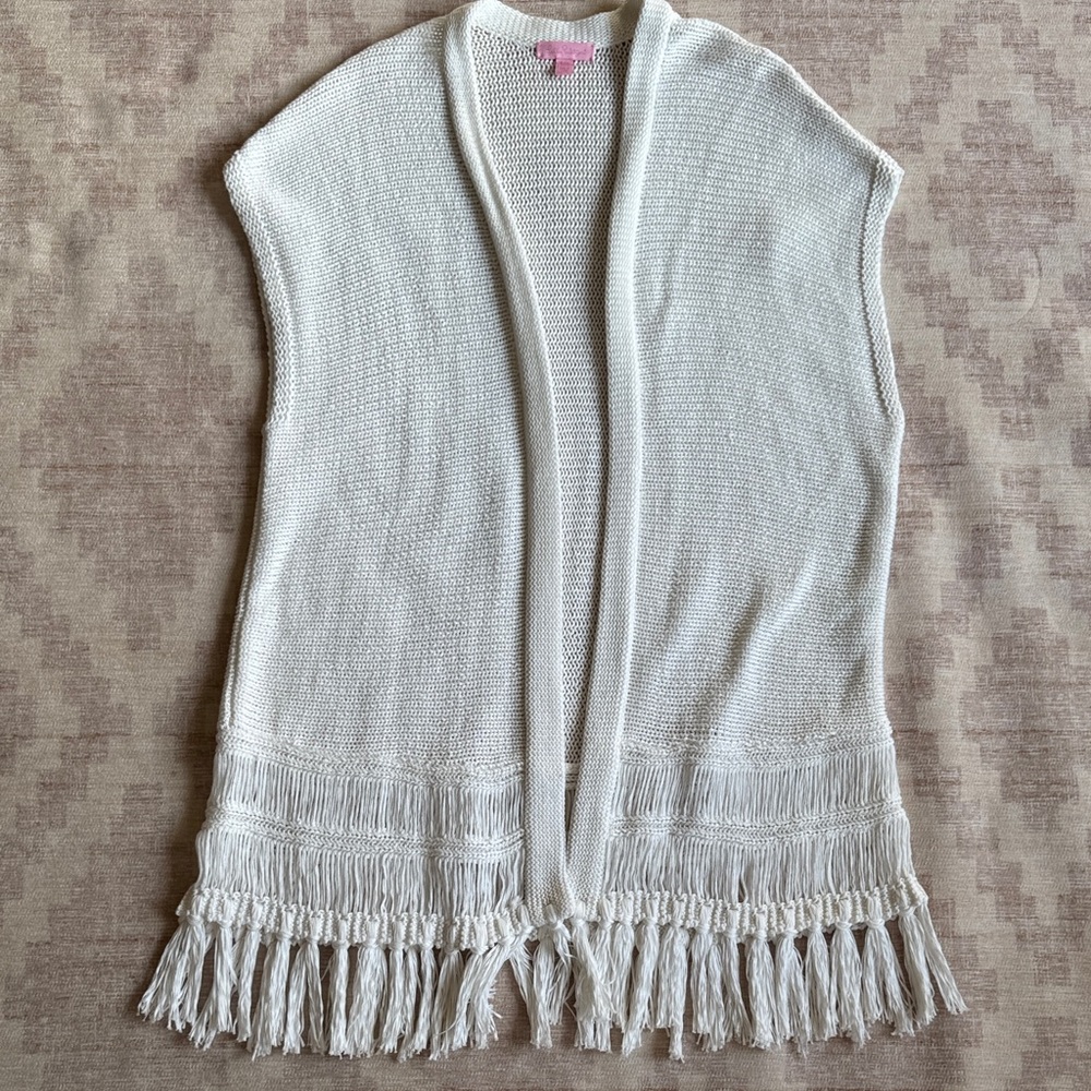 Lilly Pulitzer Women’s Boho White Knit Mesh Long Sweater Vest with Tassels